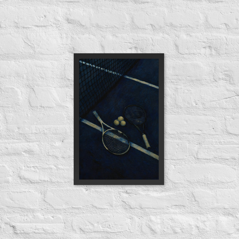 Blå Tennisbane - Plakat med ramme Hvid/Sort/Træ